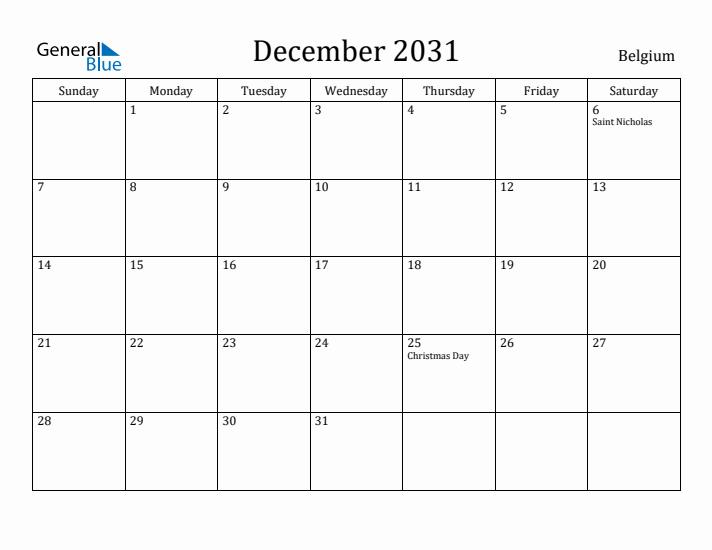 December 2031 Calendar Belgium