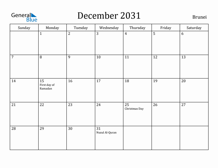 December 2031 Calendar Brunei