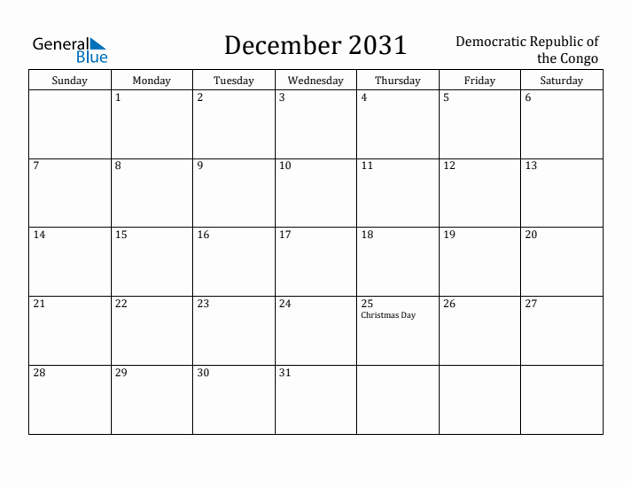 December 2031 Calendar Democratic Republic of the Congo