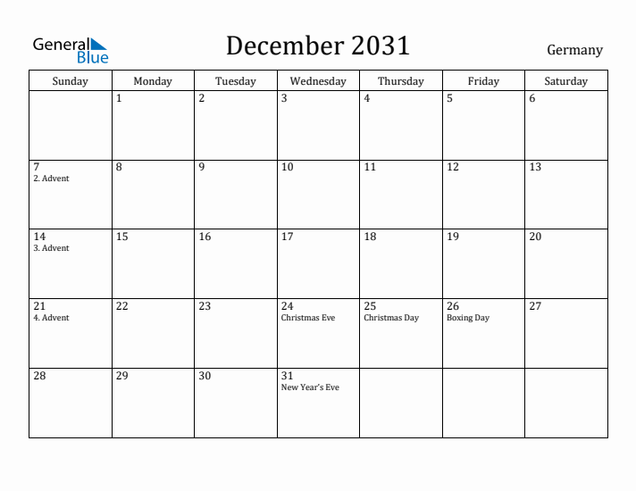 December 2031 Calendar Germany