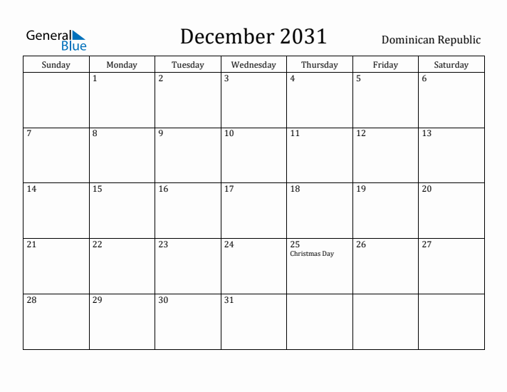 December 2031 Calendar Dominican Republic