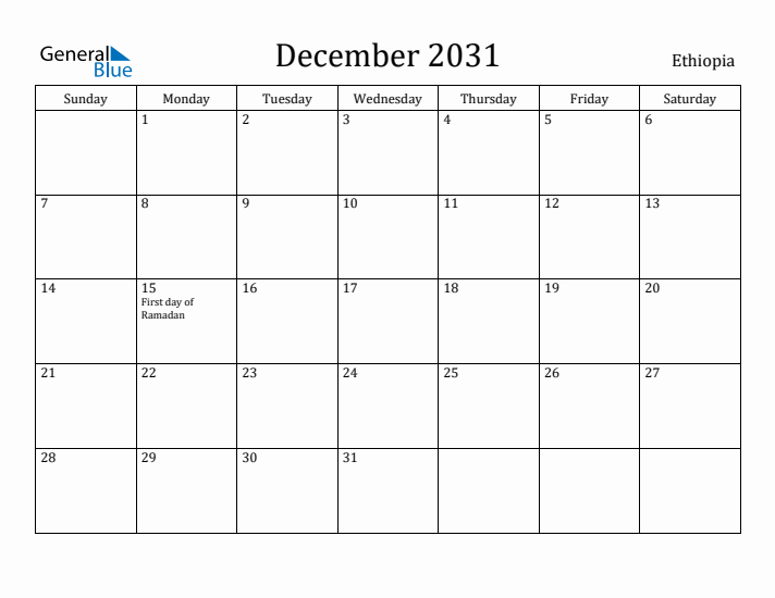 December 2031 Calendar Ethiopia
