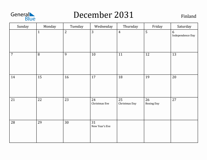December 2031 Calendar Finland