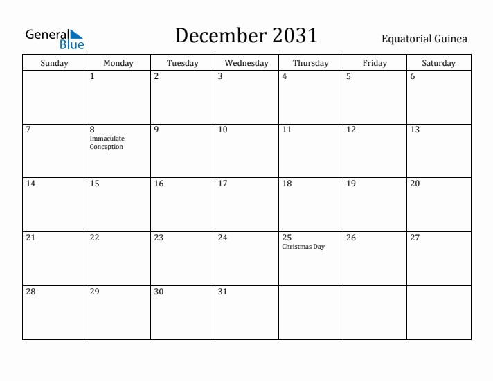 December 2031 Calendar Equatorial Guinea