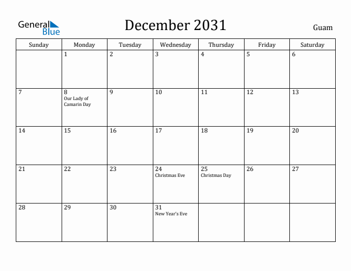 December 2031 Calendar Guam