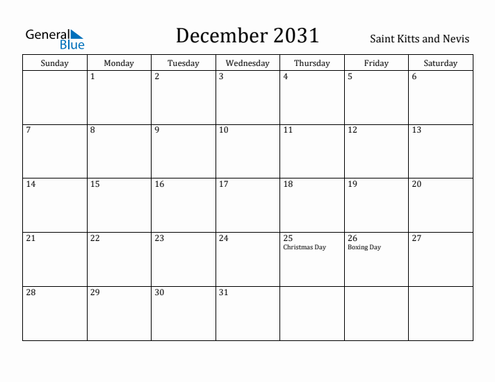 December 2031 Calendar Saint Kitts and Nevis