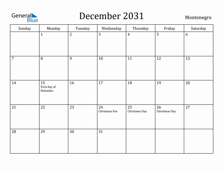 December 2031 Calendar Montenegro