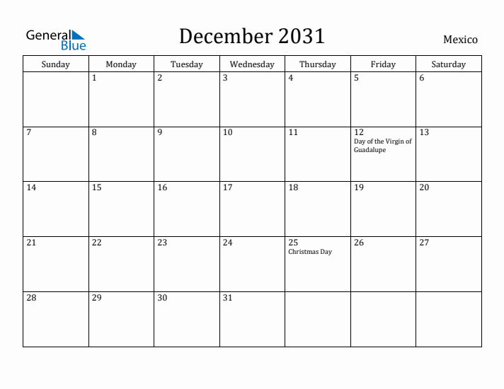 December 2031 Calendar Mexico