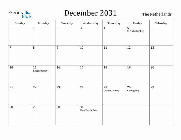 December 2031 Calendar The Netherlands