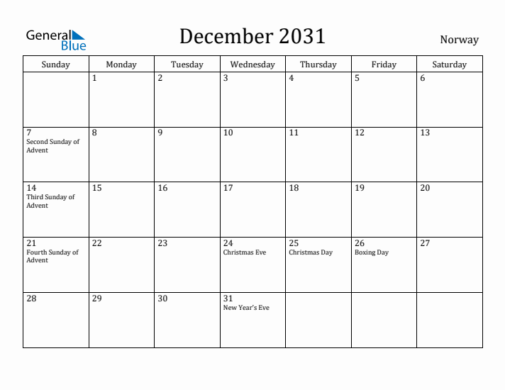 December 2031 Calendar Norway