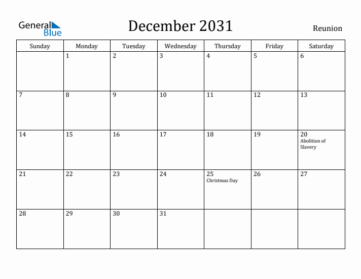 December 2031 Calendar Reunion