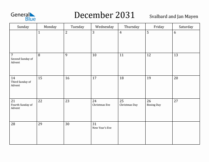 December 2031 Calendar Svalbard and Jan Mayen