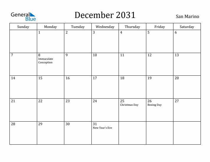 December 2031 Calendar San Marino