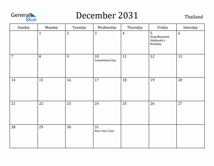 December 2031 Calendar Thailand