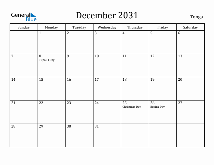 December 2031 Calendar Tonga