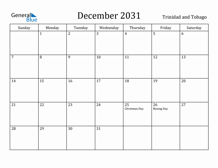 December 2031 Calendar Trinidad and Tobago