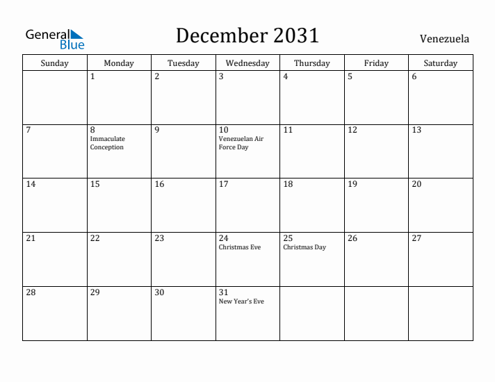 December 2031 Calendar Venezuela