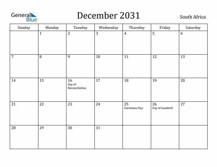 December 2031 Calendar South Africa