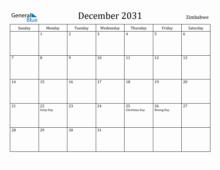 December 2031 Calendar Zimbabwe