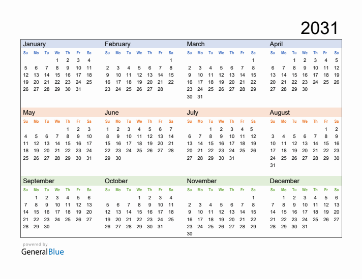 Free Downloadable 2031 Yearly Calendar Template