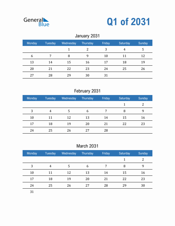 Fillable Quarterly Calendar for Q1 2031