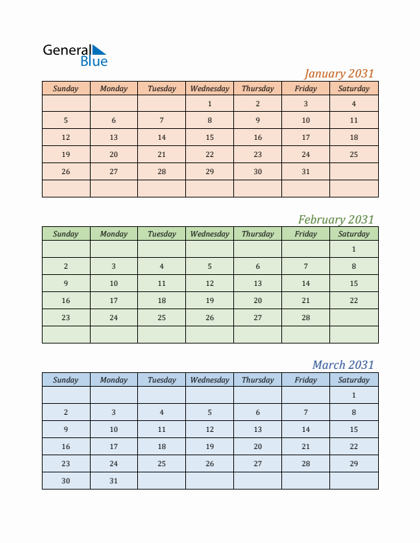 Three-Month Calendar for Year 2031 (January, February, and March)