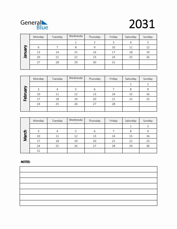 Q1 2031 Calendar with Notes