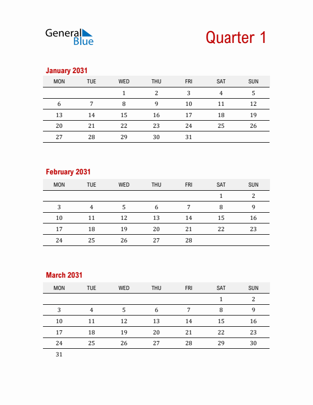 Three-Month Printable Calendar 2031