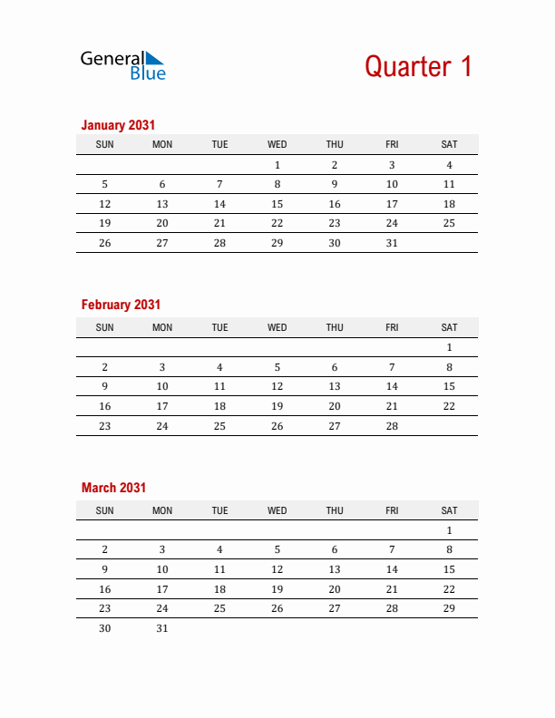Three-Month Printable Calendar 2031