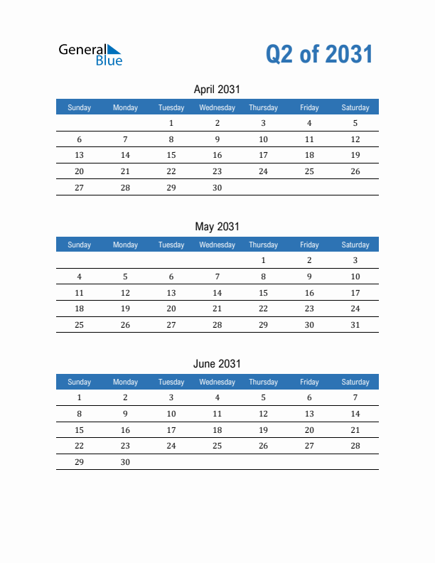 Fillable Quarterly Calendar for Q2 2031