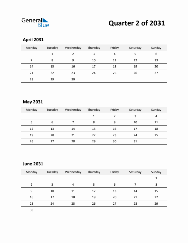 2031 Three-Month Calendar (Quarter 2)