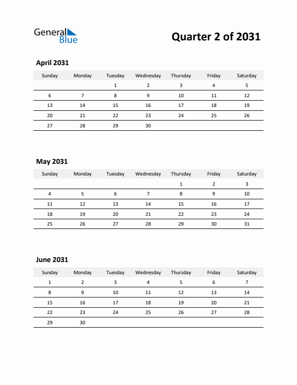 2031 Three-Month Calendar (Quarter 2)