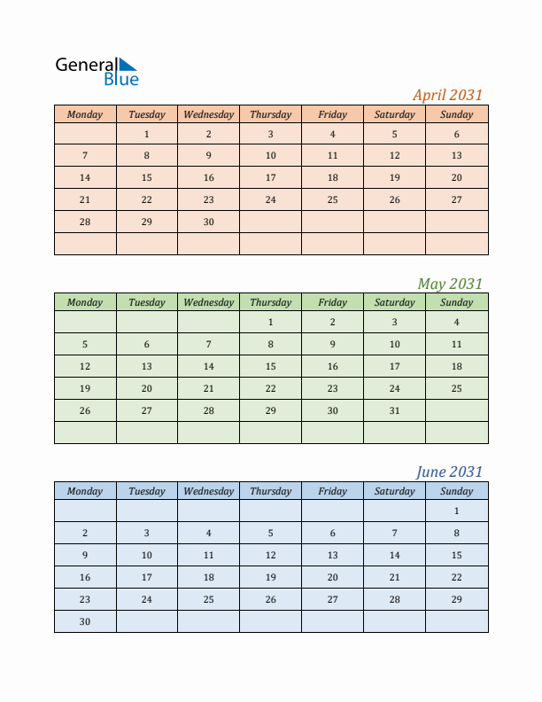 Three-Month Calendar for Year 2031 (April, May, and June)