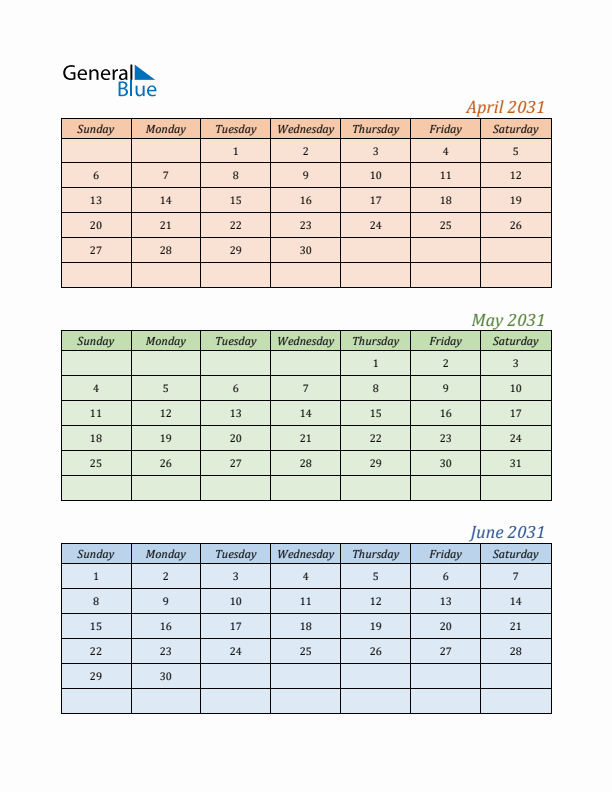 Three-Month Calendar for Year 2031 (April, May, and June)