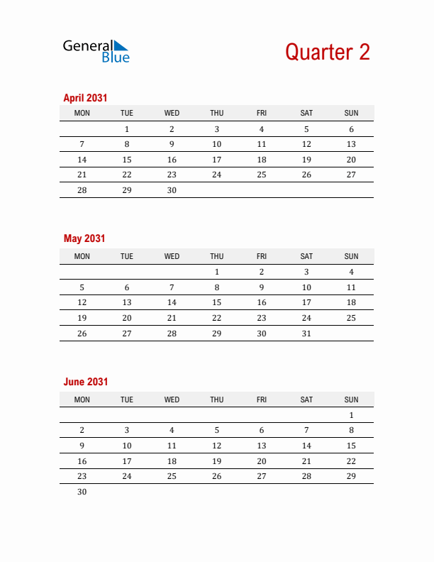 Three-Month Printable Calendar 2031