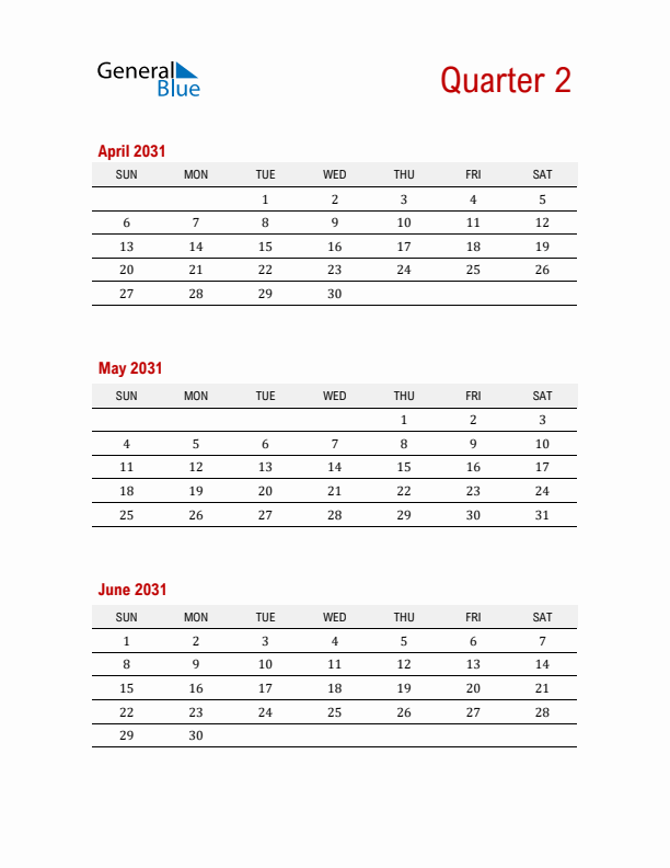 Three-Month Printable Calendar 2031
