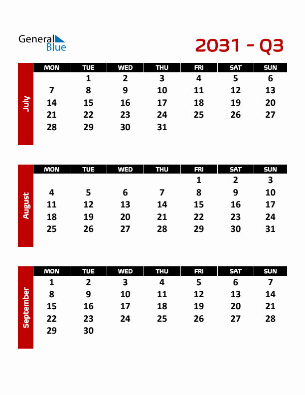 Editable Quarterly Calendar (Monday Start)