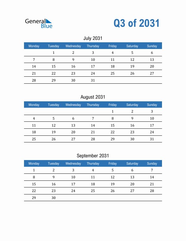 Fillable Quarterly Calendar for Q3 2031