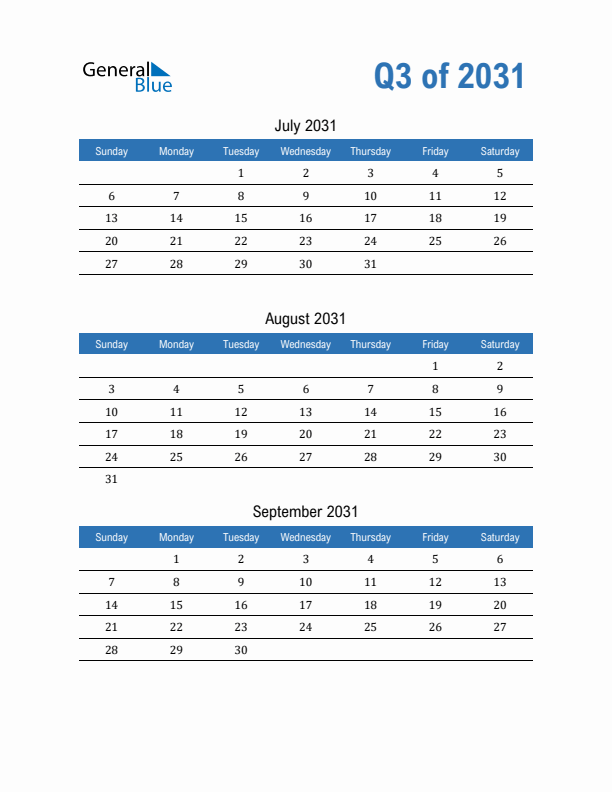 Fillable Quarterly Calendar for Q3 2031