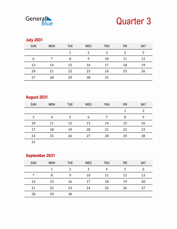 Three-Month Printable Calendar 2031