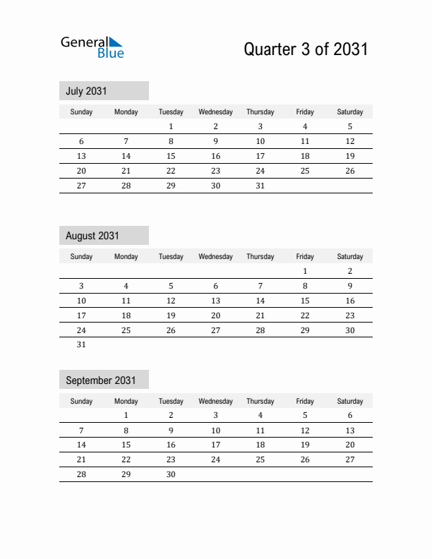July, August, and September Calendar 2031