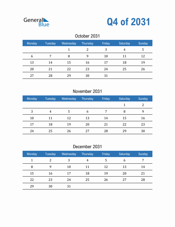 Fillable Quarterly Calendar for Q4 2031