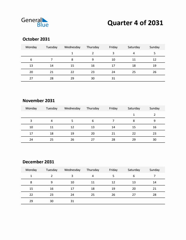 2031 Three-Month Calendar (Quarter 4)