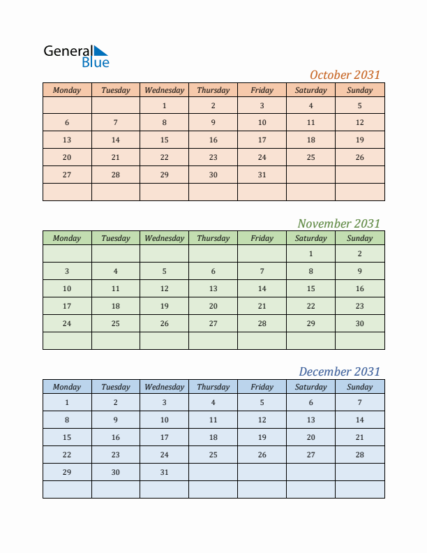 Three-Month Calendar for Year 2031 (October, November, and December)