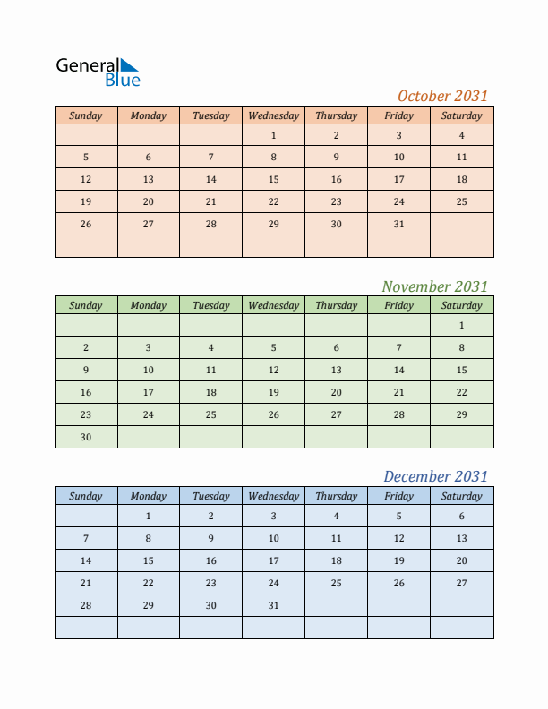 Three-Month Calendar for Year 2031 (October, November, and December)