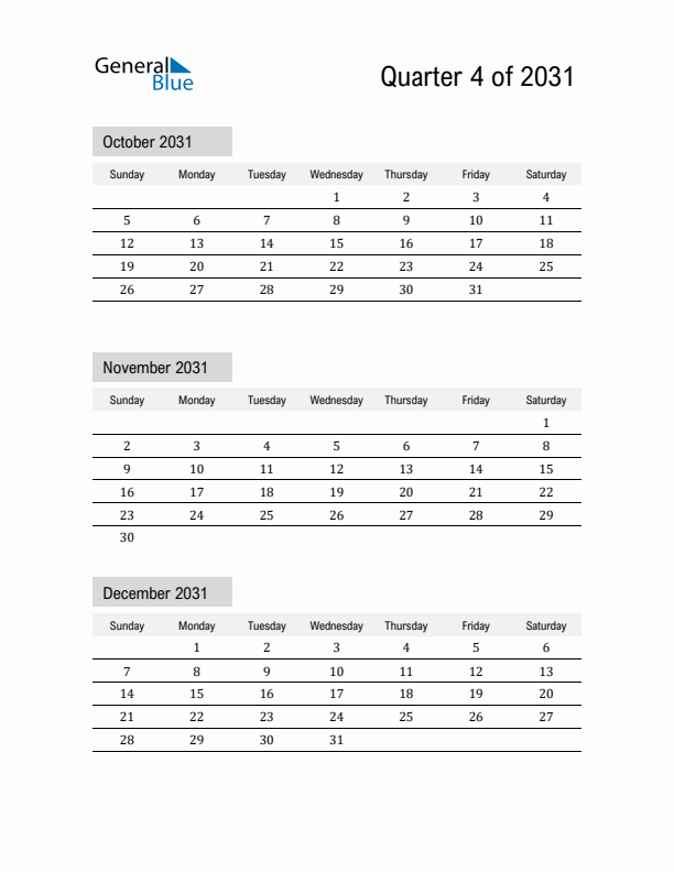 October, November, and December Calendar 2031