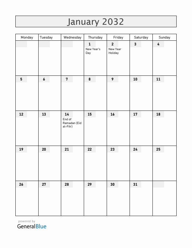 Albania January 2032 Calendar with Holidays