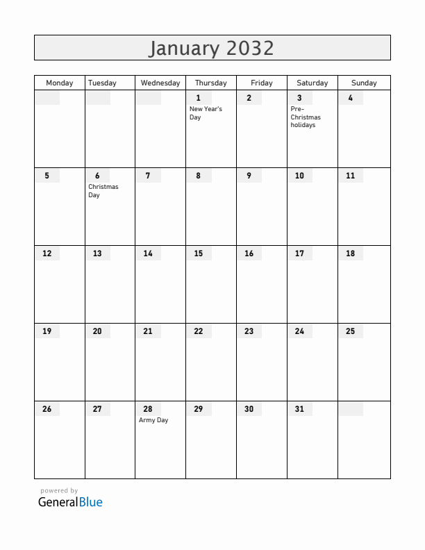 Armenia January 2032 Calendar with Holidays