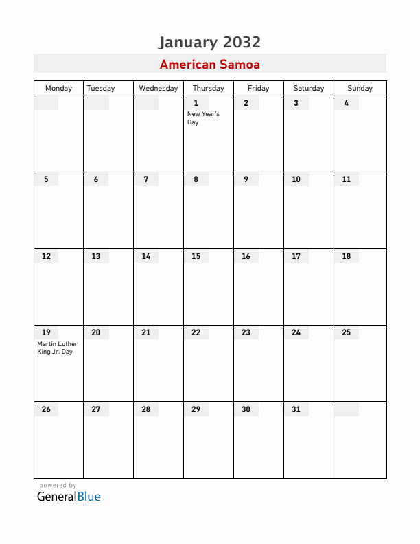 American Samoa January 2032 Calendar with Holidays