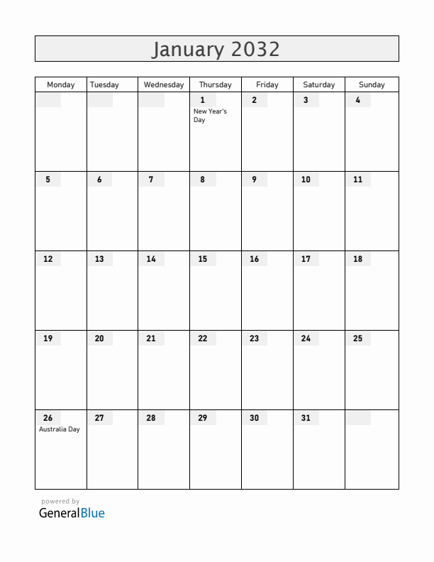 Australia January 2032 Calendar with Holidays